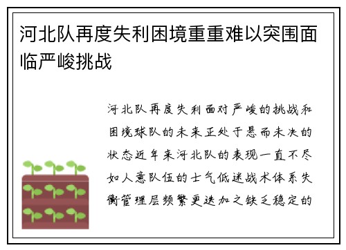 河北队再度失利困境重重难以突围面临严峻挑战