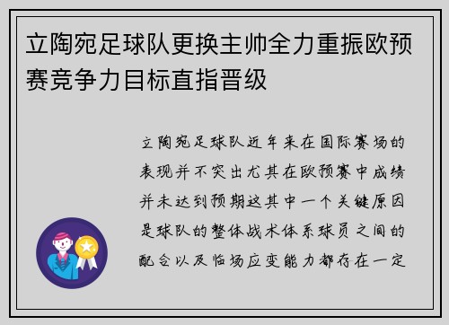 立陶宛足球队更换主帅全力重振欧预赛竞争力目标直指晋级