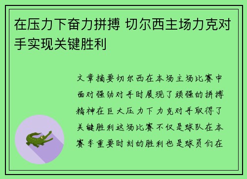 在压力下奋力拼搏 切尔西主场力克对手实现关键胜利