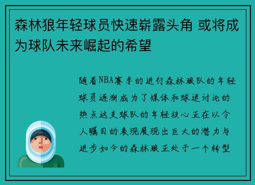 森林狼年轻球员快速崭露头角 或将成为球队未来崛起的希望