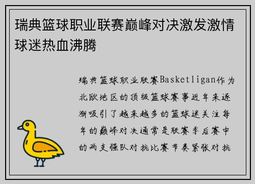 瑞典篮球职业联赛巅峰对决激发激情球迷热血沸腾