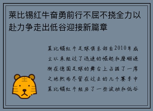 莱比锡红牛奋勇前行不屈不挠全力以赴力争走出低谷迎接新篇章