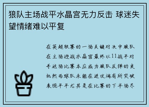 狼队主场战平水晶宫无力反击 球迷失望情绪难以平复