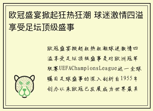 欧冠盛宴掀起狂热狂潮 球迷激情四溢享受足坛顶级盛事
